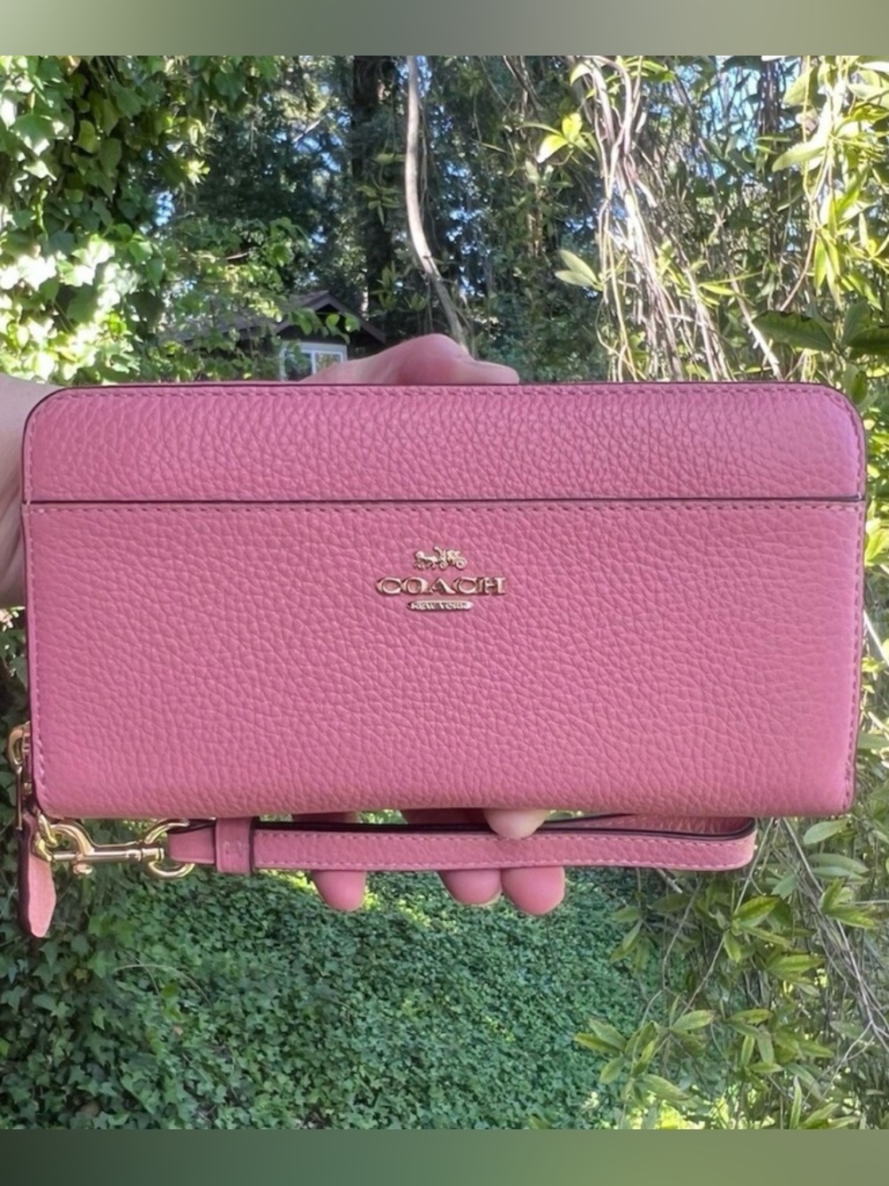COACH Long Zip-Around Wallet Pink Pebble Leather with Gold Hardware AUTHENTIC